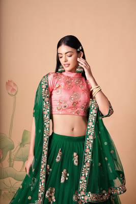 Ravishing  Green & Peach Net Thread Zari And Sequins Embroidery With Mirror Wedding Designer Lehenga Choli With Dupatta 6
