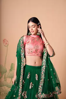 Ravishing  Green & Peach Net Thread Zari And Sequins Embroidery With Mirror Wedding Designer Lehenga Choli With Dupatta