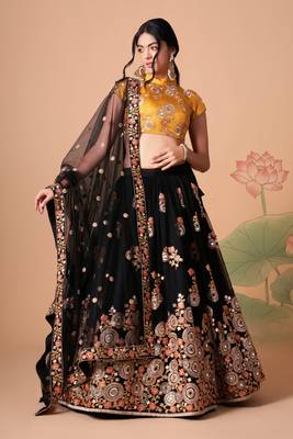 Alluring Black& Gold Net Thread Zari & Sequins Embroidery With Mirror Wedding Designer Lehenga Choli With Dupatta 1