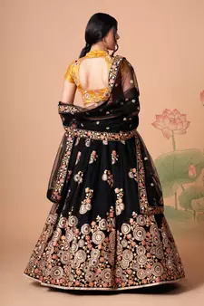 Alluring Black& Gold Net Thread Zari & Sequins Embroidery With Mirror Wedding Designer Lehenga Choli With Dupatta