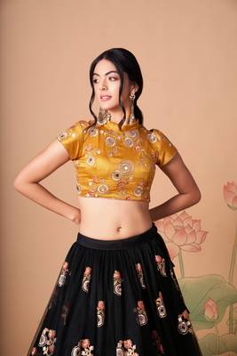 Alluring Black& Gold Net Thread Zari & Sequins Embroidery With Mirror Wedding Designer Lehenga Choli With Dupatta 4