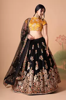 Alluring Black& Gold Net Thread Zari & Sequins Embroidery With Mirror Wedding Designer Lehenga Choli With Dupatta
