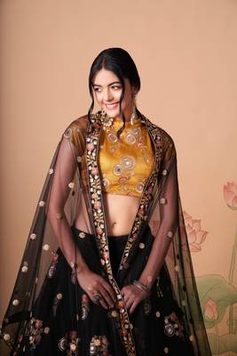 Alluring Black& Gold Net Thread Zari & Sequins Embroidery With Mirror Wedding Designer Lehenga Choli With Dupatta 6