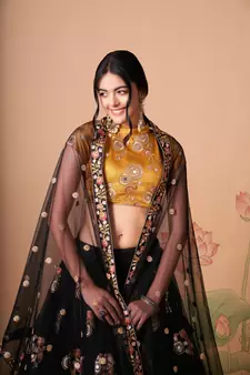 Alluring Black& Gold Net Thread Zari & Sequins Embroidery With Mirror Wedding Designer Lehenga Choli With Dupatta