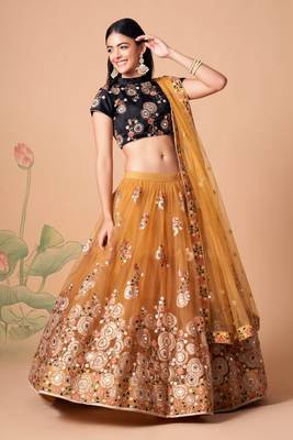Marvelous Gold & Black Net Thread Zari & Sequins Embroidery With Mirror Wedding Designer Lehenga Choli With Dupatta 1