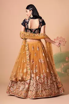 Marvelous Gold & Black Net Thread Zari & Sequins Embroidery With Mirror Wedding Designer Lehenga Choli With Dupatta