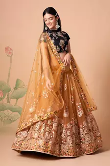 Marvelous Gold & Black Net Thread Zari & Sequins Embroidery With Mirror Wedding Designer Lehenga Choli With Dupatta