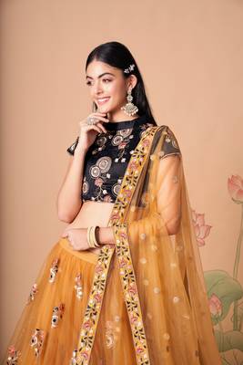 Marvelous Gold & Black Net Thread Zari & Sequins Embroidery With Mirror Wedding Designer Lehenga Choli With Dupatta 6