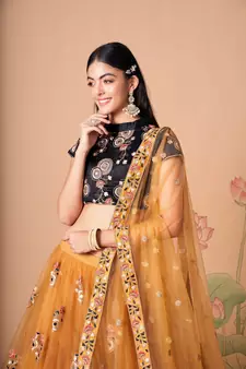 Marvelous Gold & Black Net Thread Zari & Sequins Embroidery With Mirror Wedding Designer Lehenga Choli With Dupatta