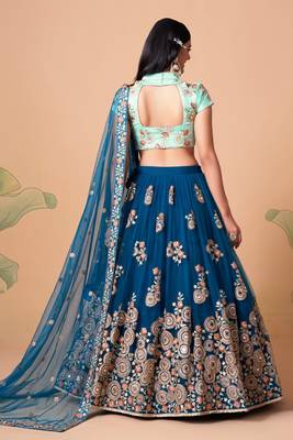 Dove Blue & Sky Blue Net Thread Zari & Sequins Embroidery With Mirror Wedding Designer Lehenga Choli With Dupatta 3