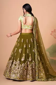 Elegant Mehendi & Pista Net Thread Zari & Sequins Embroidery With Mirror Wedding Designer Lehenga Choli With Dupatta