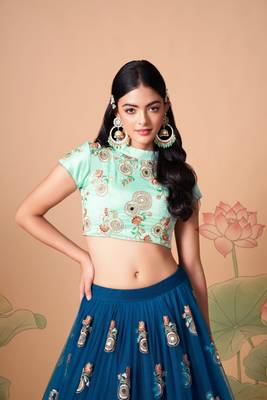 Dove Blue & Sky Blue Net Thread Zari & Sequins Embroidery With Mirror Wedding Designer Lehenga Choli With Dupatta 4