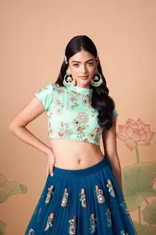 Dove Blue & Sky Blue Net Thread Zari & Sequins Embroidery With Mirror Wedding Designer Lehenga Choli With Dupatta