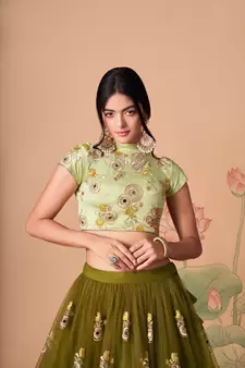 Elegant Mehendi & Pista Net Thread Zari & Sequins Embroidery With Mirror Wedding Designer Lehenga Choli With Dupatta
