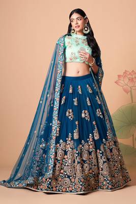 Dove Blue & Sky Blue Net Thread Zari & Sequins Embroidery With Mirror Wedding Designer Lehenga Choli With Dupatta 5