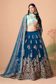 Dove Blue & Sky Blue Net Thread Zari & Sequins Embroidery With Mirror Wedding Designer Lehenga Choli With Dupatta