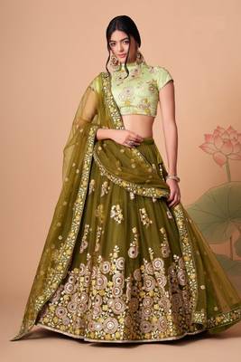 Elegant Mehendi & Pista Net Thread Zari & Sequins Embroidery With Mirror Wedding Designer Lehenga Choli With Dupatta 5