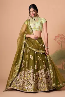 Elegant Mehendi & Pista Net Thread Zari & Sequins Embroidery With Mirror Wedding Designer Lehenga Choli With Dupatta