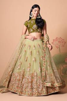 Stunning Pista & Mehendi Net Thread Zari & Sequins Embroidery With Mirror Wedding Designer Lehenga Choli With Dupatta