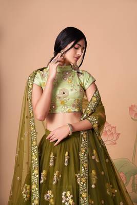 Elegant Mehendi & Pista Net Thread Zari & Sequins Embroidery With Mirror Wedding Designer Lehenga Choli With Dupatta 6