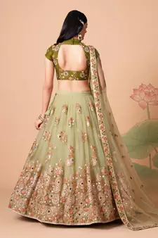 Stunning Pista & Mehendi Net Thread Zari & Sequins Embroidery With Mirror Wedding Designer Lehenga Choli With Dupatta