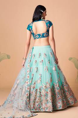 Unique Sky Blue & Dove Blue Net Thread Zari & Sequins Embroidery With Mirror Wedding Designer Lehenga Choli With Dupatta 3