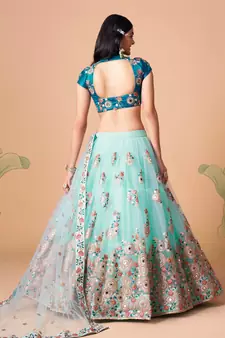 Unique Sky Blue & Dove Blue Net Thread Zari & Sequins Embroidery With Mirror Wedding Designer Lehenga Choli With Dupatta