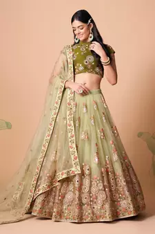 Stunning Pista & Mehendi Net Thread Zari & Sequins Embroidery With Mirror Wedding Designer Lehenga Choli With Dupatta