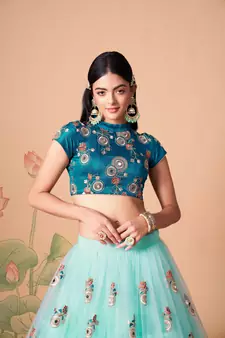 Unique Sky Blue & Dove Blue Net Thread Zari & Sequins Embroidery With Mirror Wedding Designer Lehenga Choli With Dupatta