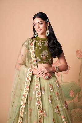 Stunning Pista & Mehendi Net Thread Zari & Sequins Embroidery With Mirror Wedding Designer Lehenga Choli With Dupatta 6