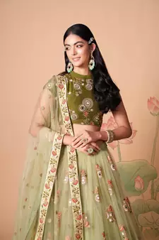 Stunning Pista & Mehendi Net Thread Zari & Sequins Embroidery With Mirror Wedding Designer Lehenga Choli With Dupatta