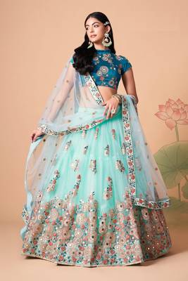 Unique Sky Blue & Dove Blue Net Thread Zari & Sequins Embroidery With Mirror Wedding Designer Lehenga Choli With Dupatta 5
