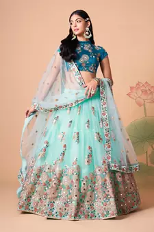Unique Sky Blue & Dove Blue Net Thread Zari & Sequins Embroidery With Mirror Wedding Designer Lehenga Choli With Dupatta