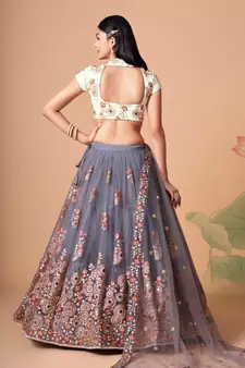 Gorgeous Grey & Off White Net Thread Zari & Sequins Embroidery With Mirror Wedding Designer Lehenga Choli With Dupatta