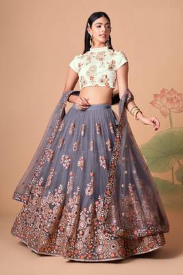 Gorgeous Grey & Off White Net Thread Zari & Sequins Embroidery With Mirror Wedding Designer Lehenga Choli With Dupatta 5
