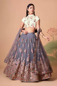 Gorgeous Grey & Off White Net Thread Zari & Sequins Embroidery With Mirror Wedding Designer Lehenga Choli With Dupatta