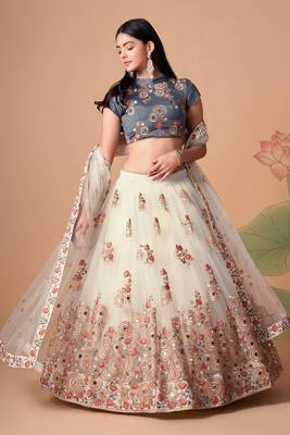 Beautiful Off White & Grey Net Thread Zari & Sequins Embroidery With Mirror Wedding Designer Lehenga Choli With Dupatta 1