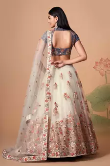 Beautiful Off White & Grey Net Thread Zari & Sequins Embroidery With Mirror Wedding Designer Lehenga Choli With Dupatta