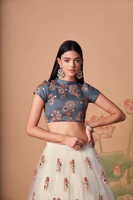 Beautiful Off White & Grey Net Thread Zari & Sequins Embroidery With Mirror Wedding Designer Lehenga Choli With Dupatta 4