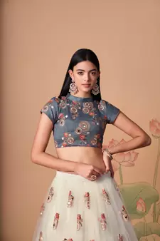 Beautiful Off White & Grey Net Thread Zari & Sequins Embroidery With Mirror Wedding Designer Lehenga Choli With Dupatta