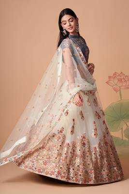 Beautiful Off White & Grey Net Thread Zari & Sequins Embroidery With Mirror Wedding Designer Lehenga Choli With Dupatta 5