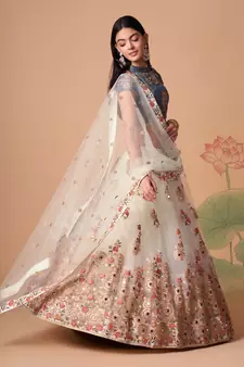 Beautiful Off White & Grey Net Thread Zari & Sequins Embroidery With Mirror Wedding Designer Lehenga Choli With Dupatta