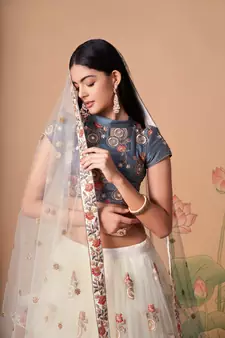 Beautiful Off White & Grey Net Thread Zari & Sequins Embroidery With Mirror Wedding Designer Lehenga Choli With Dupatta