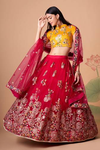 Exotic Rani Pink & Yellow Net Thread Zari & Sequins Embroidery With Mirror Wedding Designer Lehenga Choli With Dupatta