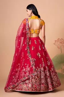 Exotic Rani Pink & Yellow Net Thread Zari & Sequins Embroidery With Mirror Wedding Designer Lehenga Choli With Dupatta