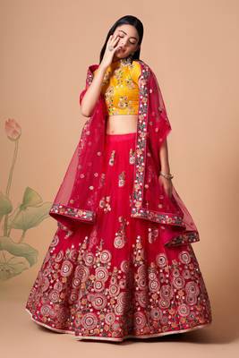 Exotic Rani Pink & Yellow Net Thread Zari & Sequins Embroidery With Mirror Wedding Designer Lehenga Choli With Dupatta 5