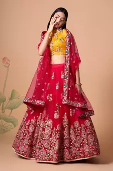 Exotic Rani Pink & Yellow Net Thread Zari & Sequins Embroidery With Mirror Wedding Designer Lehenga Choli With Dupatta