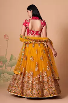 Amazing Yellow & Rani Pink Net Thread Zari & Sequins Embroidery With Mirror Wedding Designer Lehenga Choli With Dupatta