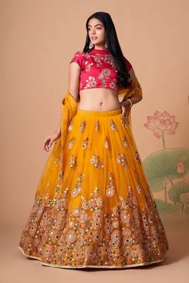 Amazing Yellow & Rani Pink Net Thread Zari & Sequins Embroidery With Mirror Wedding Designer Lehenga Choli With Dupatta 5
