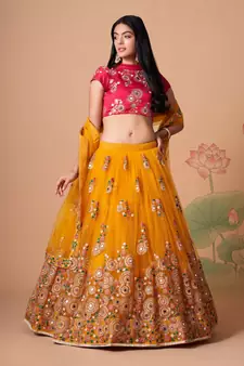 Amazing Yellow & Rani Pink Net Thread Zari & Sequins Embroidery With Mirror Wedding Designer Lehenga Choli With Dupatta
